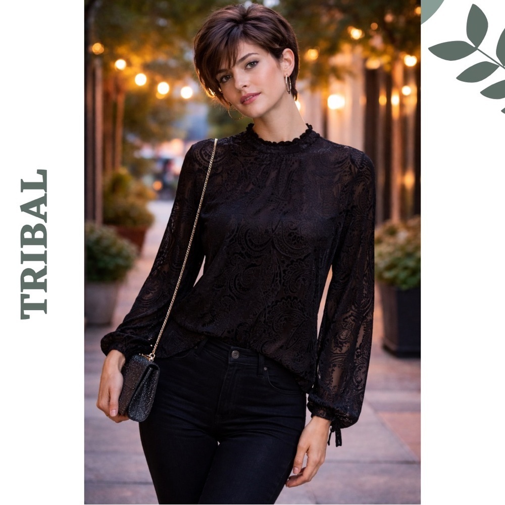 Tribal Black Flocked Velvet Blouse XS Boho Chic Extra Small